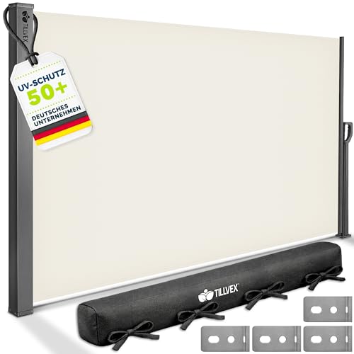 tillvex® Seitenmarkise 180 x 300 cm ausziehbar & Blickdicht mit Regencover