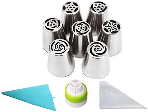 19pcs/set Russian Piping Tips:7 Russian Tips +1 Tri-color Coupler +1 Reusable Silicone bag +10 Disposable Pastry Bags / Large Size Icing Piping Nozzle Tips Set by Cutie Cakes