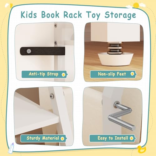 Kids Bookshelf and Toy Organizer, Montessori Bookcase and Toy Storage for Kids Room, 3 Tier Sling Book Rack for Toddler, Children Book Display Shelf for Nursery, Bedroom, Playroom, Classroom