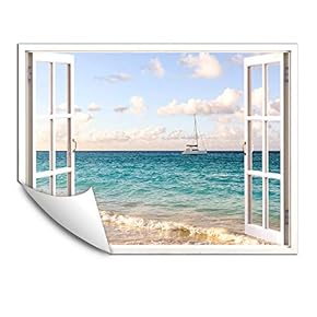 Wall Murals for Bedroom Fake Window Beach White Window Removable Wallpaper Peel and Stick Wall Stickers - 24x32 inches
