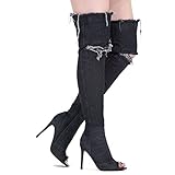 Mostrin Womens Thigh High Over Knee Boots Sexy Street Style Zipper Open Toe Denim Stiletto Heel Boots