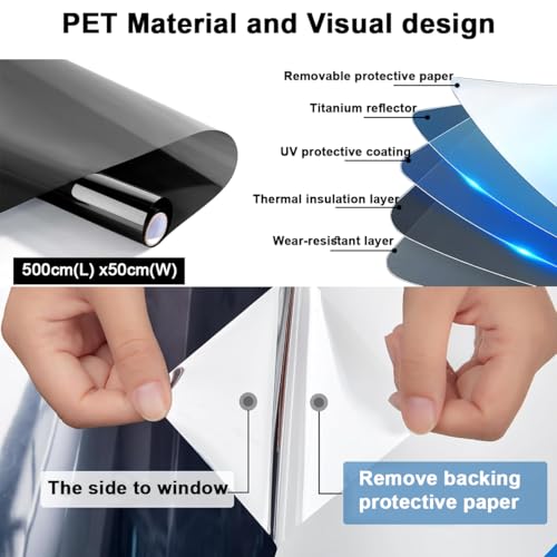 Window Film 50x500cm, Non-Adhesive Heat Insulation One-Way Privacy Mirror | UV Blocking Daytime Privacy Window Tint Dual Side Reflective Glass Film for Home & Office, Smooth Glass Door, DIY