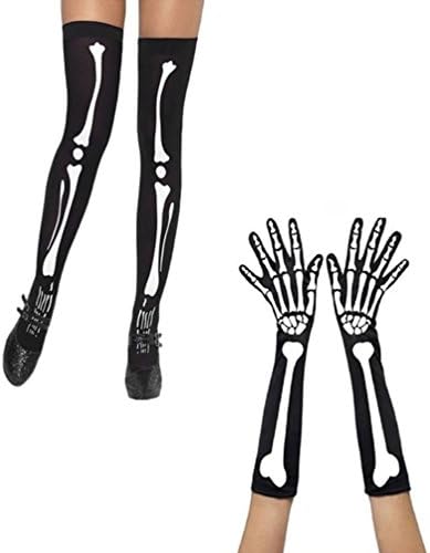1 Pair Black Halloween Skeleton Gloves and 1 Pair Halloween Skeleton Knee High Stockings for Halloween Costume Cosplay