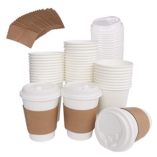 100 Pack 12OZ Hot Paper Coffee Cups with Travel Lids & Kraft Cardboard Sleeves - Disposable Paper Cups For Coffee, Tea, Hot or Cold Beverage by ZMYBCPACK