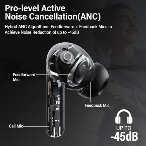 Bluetooth Headphones with Hybrid Active Noise Cancellation, In-Ear Headphones Wireless Bluetooth 5.4, 6Mic, 49 Hours Playback, Powerful Bass, 8 EQ Modes, App Control, Wireless Charging, Multipoint