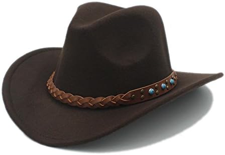 LUCKYLIANJI Unisex's Kid Children's Wool Felt Western Cowboy Hat Wide Brim Cowgirl Braid Leather Band (One Size 57cm,Adjust Rope Inside) (Brown)