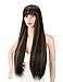 Kalyss 28 inches Women's Long Silky Straight Black Brown Highlights Heat Resistant Smooth Yaki Synthetic Wig With Bangs Hair Replacement Wig for Women (Black with light brown highlights)