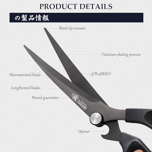 MITSUMOTO SAKARI Japanese Kitchen Scissors, Long Barbecue Scissors | Korean Barbecue Scissors, Offset Kitchen Scissors, Black Multifunctional Kitchen Scissors, Non-Slip Handle