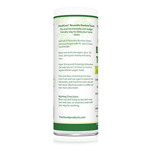 Practicool-Bamboo-Kitchen-Towel-Roll-Friendly-Reusable-White-Washable-30-Sheets-11-x-12-inch-with-bonus-Chrome-Towel-Holder