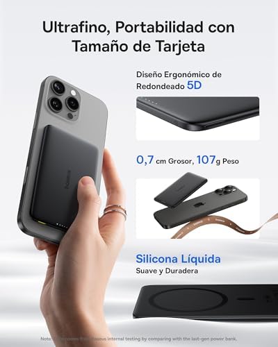 Power Bank Picogo AM41, Powerbank Ultra Slim 5000mAh Magsafe, PD 20W Carregamento Rápido, Portátil, Mini Bateria Magnética Externa com Cabo USB C para iPhone 17/16/15/14/13/12, Preto