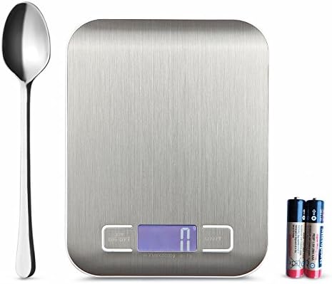 Aincrso Digital Kitchen Scale Multifunction Food Scale for Cooking Baking, Sliver Stainless Steel Platform, Weight Max 5 kg/ 11 lb, Batteries and Spoon Included