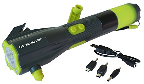 Click Here to See More Images Car Survival Emergency Flashlight, Crank Dynamo with Safety Hammer, USB Cell Phone Charger, Seatbelt Cutter, Compass Magnet, Brightest LED Waterproof for Camping / Hunting / Fishing (XLN-703B)