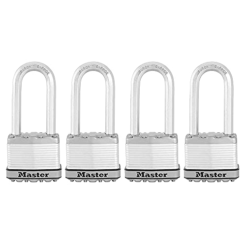 Master Lock M5XQLJ Magnum Heavy Duty Outdoor Padlock with Key, 4 Pack Keyed-Alike, Silver