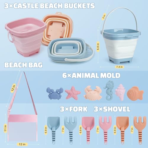 Dreamon Children's Beach Games, 18 Pieces Beach Games with Bucket Beach Children Folding Shovel Bag Net Games Beach