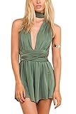 YOINS Women Playsuit Romper Convertible Plunge V Neck Sleeveless Backless Green S
