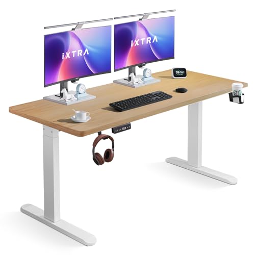 iXTRA Electric Standing Desk 140 x 60cm Height Adjustable Sit Stand up Home Office Desk with Whole Piece Desktop Computer Desk with Cable Management tray（Maple Desktop + White Frame）