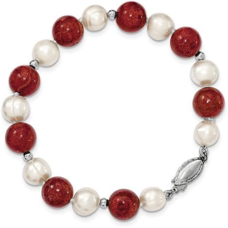 Sterling Silver Freshwater Cultured Pearl &amp; Stabilized Red Coral Bracelet ,7.5