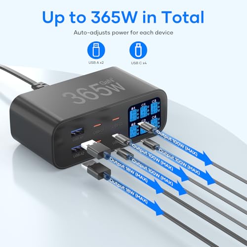 365W Cargador USB C Multiple con Pantalla LED, YSYFAD 6 Puertos Estacion de Carga PD Carga USBC Rapida Cargador USB C 100W QC USBA para Macbook Portátiles i Phone Pad, Negro