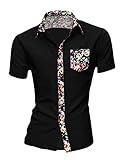 Allegra K Men Short Sleeve Point Collar Single Breasted Shirts Black M
