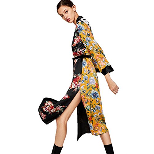 Tsmile Women's Coat Clearance Printed Bohemia Floral Tassel Long Kimono Beach Oversized Shawl Tops (L, Yellow)
