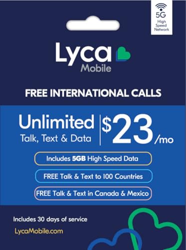 Lyca Mobile USA Prepaid 5G/4G SIM Card | $23 Plan | Unlimited Talk, Text & Data | 5GB High Speed Data