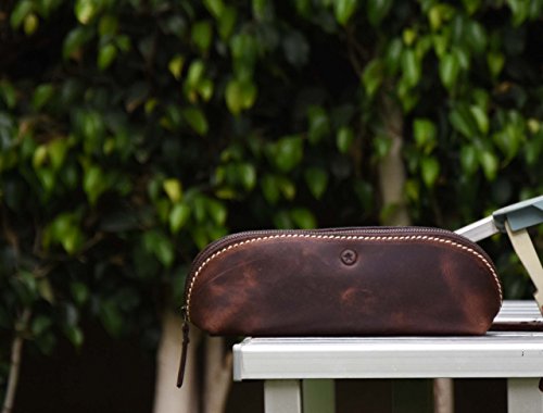 Vintage Leather Zippered Pen/Pencil Case | Classic Cylindrical Design Craft/Art Supplies Storing Kit | Portable Travel Cosmetics Makeup Pouch By Aaron Leather (Dark Brown) - Thumbnail 7