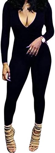 Rokiney Women Fall Tight Long Sleeve Plunging V Jumpsuit Playsuit Romper M Black