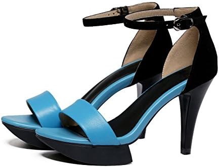 Vouge009 Women's Close Round Toe Platform Ankle Strap Fur Ornament Low Heels Patent Leather Ankle Boots with Buckle,Blue,35