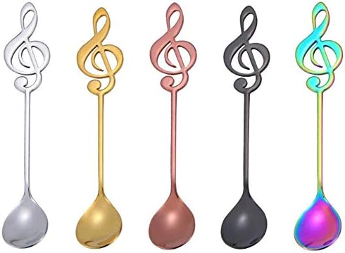 Lomire Stainless Steel Musical Note Shape Spoon Dessert Ice Cream Spoon Drink Spoons Mixing Spoon Hanging Cup Soup Creative Cutlery Tableware Kitchen Tool (5Pack)