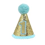 ANYI16 Gold Glitter Sparkle 1st Birthday Cone Hat with Adjustable Headband for Baby Boy Party Supplies(Blue)