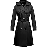 poonyfesh Women's Waterproof Long Trench Coat Double Breasted Windbreaker Classic Lapel Belted Coat With Detachable Hood