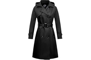 poonyfesh Women's Waterproof Long Trench Coat Double Breasted Windbreaker Classic Lapel Belted Coat With Detachable Hood