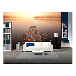 Small Wooden Pier on Still Lake in Autumnal Foggy Morning with Rising Sun - Removable Wall Mural | Self-Adhesive Large Wallpaper - 66x96 inches