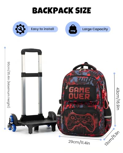 Amythe Boy's Wheeled School Bag 8-12 Years Bright 6 Wheels with Removable Trolley, Wheeled Backpack for College Students, Large Capacity Computer 15.6 Inches, Red, Travel Backpacks