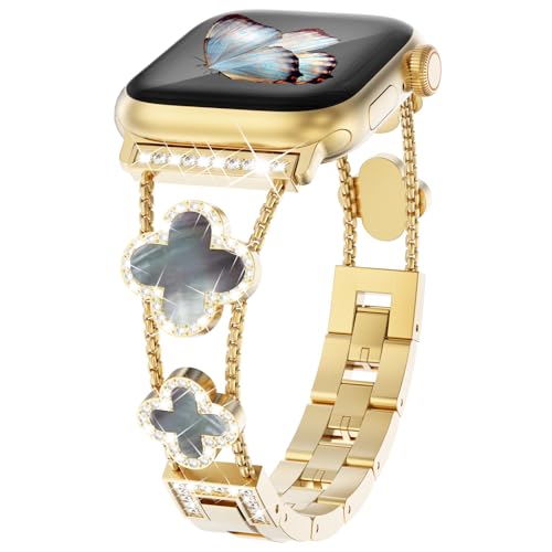 WINGLE Bling Band for Gold Apple Watch Bands Women 40mm 41mm 38mm 42mm Series 11 10 SE 3/2/1 9 8 7 6 5 4 3 2 1, Sparkle Diamond Bracelet Cute Lucky 4 Leaf Clover Dressy iWatch Band, Gold/Black Pearl