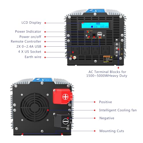 5000Watt Heavy Duty Modified Sine Wave Power Inverter Approved by CETL Converts DC 12volt to AC 120volt with LCD Display 4 AC Sockets with Remote Control for Solar System Truck RV and Emergency