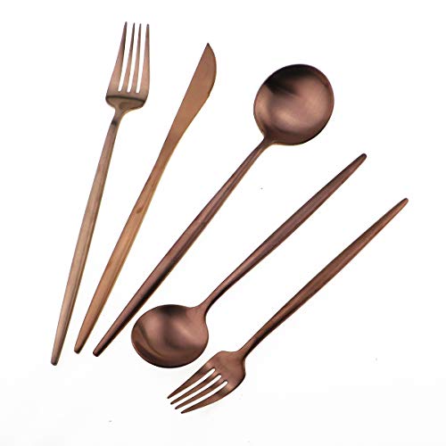 Matte Rose Gold Silverware Set,Gugrida 5-Piece 18/10 Stainless Steel Satin Finish Flatware Set,Kitchen Utensil Set,Tableware Travel Cutlery Set for Camping Office or School Lunch, Dishwasher Safe