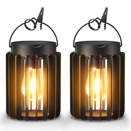RECHOO Solar Lights for Outdoor Garden Hanging, Pack of 2 Solar Lanterns for Outdoor Use with Large LED Bulb, IP65 Waterproof Solar Lights for Outdoor Use with Clip for Patio, Lawn, Balcony, Yard, Garden Decoration