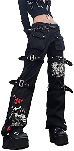 Women Y2k Pants Goth Punk Emo Baggy Bell Bottom Jeans Y2k Wide Leg