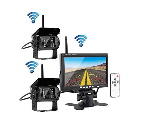 JK Wireless Backup Camera and Monitor Kit,7-Inch Two-Split Screen 2.4G Wireless Digital Signal Anti-Jamming Dual HD Night Vision Camera for Bus, RV, Truck