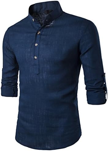 TUDUZ men's Plain Grandad Collarless Casual Shirts Slim Fit Long Sleeve