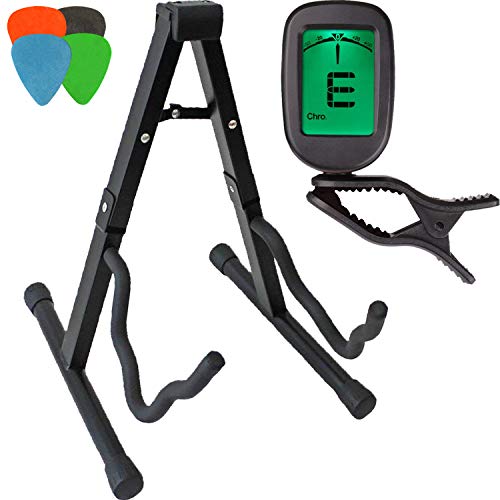 Guitar Stand Folding A-Frame for Acoustic and Electric + Clip-On Electronic Tuner + 4 Assorted Picks — Great Gift for Beginners and Advanced Players - Thumbnail 4