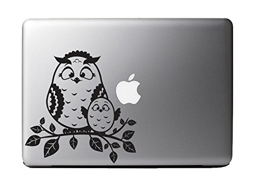 Mommy and Baby Owl on a Branch, Black Vinyl Decal Sticker, Cute Decor for 13" Macbook Laptop Computer