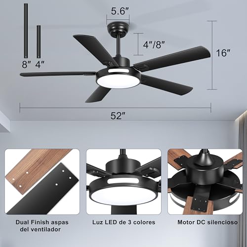 Ohniyou Ventilador de Techo con Luz y Mando a Distancia, 6 Velocidades, Luz Regulable, Motor Reversible, 52 pulgadas Ventilador de Techo Exterior de Gran Caudal de Aire para Patio Dormitorio