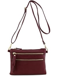 Multi Zipper Pocket Small Wristlet Crossbody Bag (Burgundy)