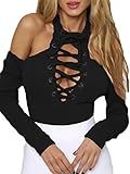Prograce Women Sexy Knitted Lace Up Halter Bodysuit Off Shoulder Fitted Leotard Tops