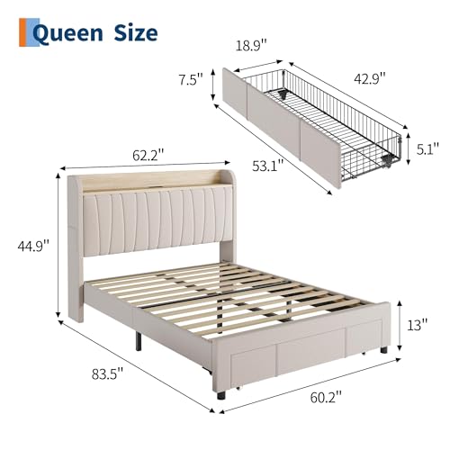 Queen Size Upholstered Bed Frame with Storage Headboard and Charging Station, Platform Bed Frame with Metal Drawers, Heavy Duty, No Box Spring Needed, Easy Assembly, Beige