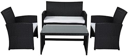 4 PCS Black Patio Wicker Sofa Set Chair Tempered Glass Coffee Table Double Sofa Outdoor Garden Deck Backyard Yard Porches Poolside Cushioned Comfortable Seat Pool Side Furniture