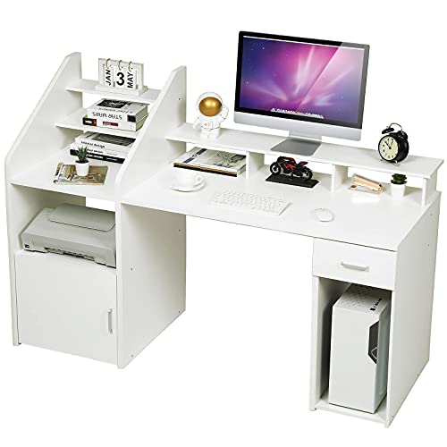 White Computer Desk with Drawers, Shelves, Storage, Hutch, 64.5'' Large