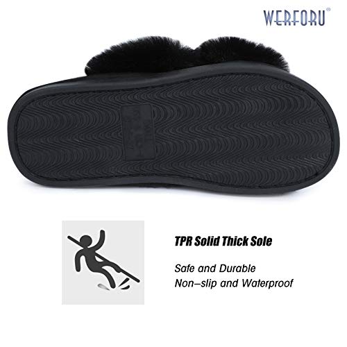 Women Cross Band Slippers, Soft Plush Fleece Slippers, Furry Cozy Open Toe House Shoes, Indoor Outdoor Faux Rabbit Fur Comfy Slippers,Black, 7-8
